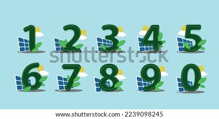 Numbers from zero to nine green with solar panel and sun with clouds Sustainability and solar energy