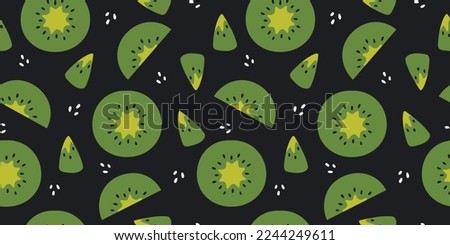 Kiwi fruits vector seamless pattern. Green kiwi fruit decorative background. Tropical fresh kiwi vector design for fabric, paper, wallpaper, cover, interior decor, and other use. Vector illustration