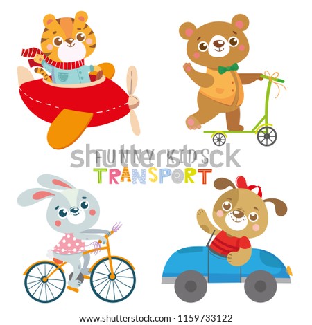 Set with funny animals. Collection kids transport.Dog, tiger, rabbit, bear. Vector illustration on white background