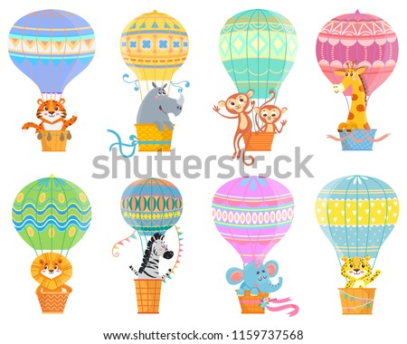 
Collection  with colorful  hot air balloons and animals. Set with kids fly transport. Vector illustration on white background.
