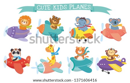 Set of cute animal on planes. Kids transport. Funny pilots. Giraffe, bear, tiger, elephant, monkey, lion, panda, koala. Vector illustration