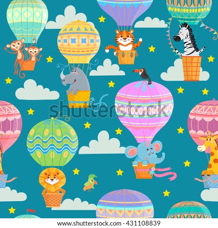 Seamless pattern with colorful  hot air balloons and animals. Vector illustration.
