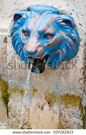 Close up on metal lion head pouring water - fountain in Paris, France