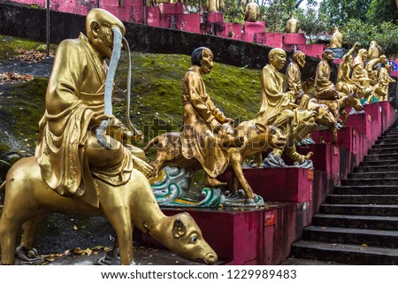 Rows of Golden Buddhas lining the stairway leading to Ten Thousand Buddhas Monastery, Hong Kong, Sha Tin, New Territories Stok fotoğraf © 