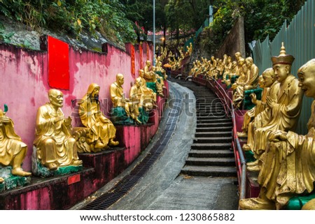 Golden Buddha statues along the stairs leading to the Ten Thousand Buddhas Monastery (Man Fat Tsz), Hong Kong, Sha Tin, New Territories Stok fotoğraf © 
