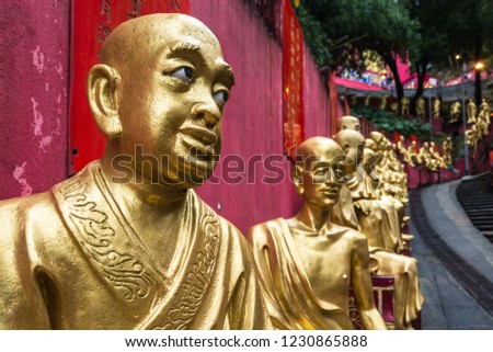 Close up of a golden Buddha statue at Ten Thousand Buddhas Monastery(Man Fat Tsz), Hong Kong, Sha Tin, New Territories Stok fotoğraf © 