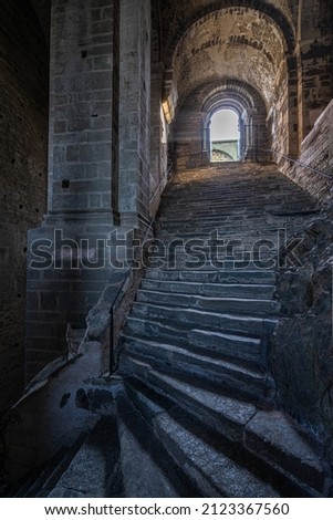 Inner stairway at Sacra di San Michele, one of the most famous landmarks in Piedmont region, Italy Stok fotoğraf © 