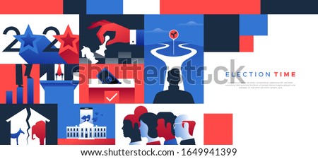 2020 United States politics web template illustration with copy space for special presidential event. Modern flat design background includes diverse political campaign and social concepts. 