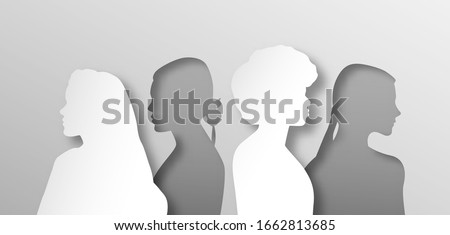 All women people group illustration in layered 3D paper cut style. Female team for women's issues or girl psychology concept. Papercut design of diverse girls standing together from side profile view.