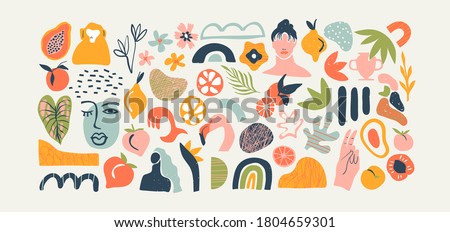 Set of trendy doodle and abstract nature icons on isolated white background. Big summer collection, random organic shapes in freehand matisse art style. Includes people, floral art, animal bundle.