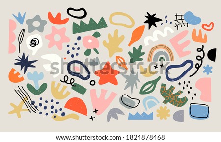 Set of trendy doodle and abstract random icons on isolated background. Big element collection, unusual organic shapes in freehand matisse art style. Includes bird, leaf, flower and texture bundle.