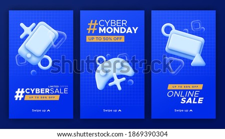 Cyber monday phone story template set - online store discount or special offer collection. Technology promotion background with blue 3D devices. Swipe up vertical mobile banner.