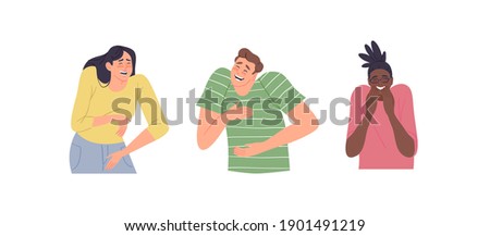 Set of diverse young people laughing at something funny. Man and woman characters crying of laughter in modern flat cartoon style. Funny social reaction collection.