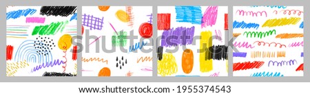 Colorful children pencil doodle seamless pattern set. Childish freehand scribble and hand drawn crayon shapes background collection.