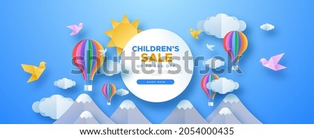 Children sale papercut sky landscape banner with hot air balloon, sun and clouds made in realistic paper craft art. Kid promotion for toy store discount or child care product.