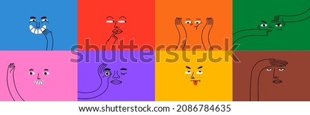 Diverse people face doing funny hand gesture and emotion. Colorful avatar design set, modern flat cartoon character collection in simple doodle art style for psychology concept or social reaction. 