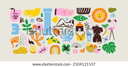 Set of trendy doodle and abstract nature icons on isolated background. Colorful summer collection, unusual organic shapes in freehand matisse art style. Includes people, floral art and texture bundle