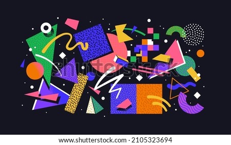 Colorful 90s style geometric shape set. Trendy flat cartoon illustration collection with retro decoration. Nostalgic zig zag lines, triangle element and 80s fashion texture. Сток-фото © 