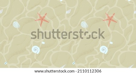 Clear tropical beach water seamless pattern. Summer ocean floor with exotic sea shell and star fish. Island vacation background design. Realistic transparent coast bottom flat cartoon backdrop. 商業照片 © 