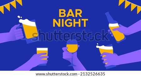 Bar night party event illustration template of friends drinking beer and wine drink together. Diverse people hands holding glass for celebration invitation or web background.