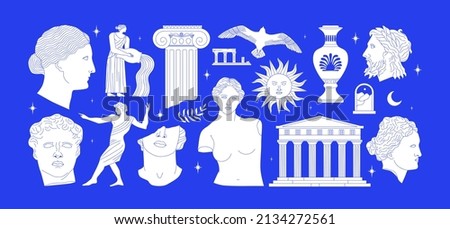 Set of ancient greek statue and classic vintage monument shapes in blue color. Greece culture antique illustration collection. Historical flat cartoon drawing bundle.