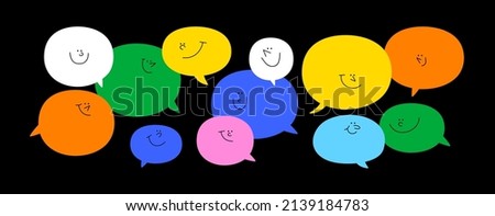 Diverse colorful chat bubble character illustration set. Multi color rainbow cartoon text balloon collection in funny children doodle style. Friendly team work or group conversation concept.