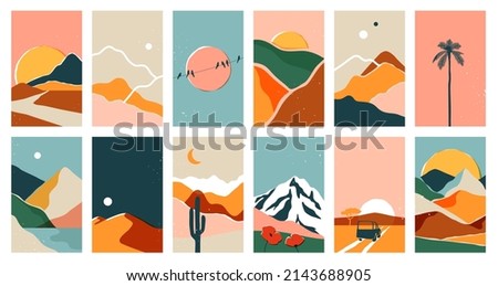 Big set of abstract mountain landscape banner collection. Trendy flat collage art style backgrounds of diverse vintage travel scenery. Nature environment, winter biome, multicolor hills, desert dunes.