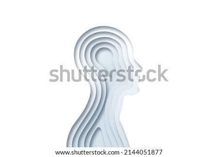 White paper cut man head illustration on isolated background. Modern 3D papercut craft people profile silhouette design for AI technology concept, psychology or human anatomy project.