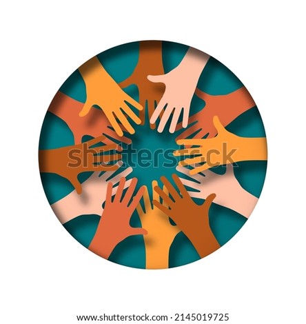 Paper cut diverse people hand team raised up together inside circle shape. Multi-ethnic teamwork support or international help group illustration concept. Realistic 3d papercut design.