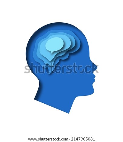 Paper cut man head illustration with chat bubble brain on isolated background. Modern 3D papercut craft communication concept design for social media app, psychology or business brainstorm project.