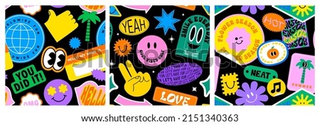 Colorful funny happy face label seamless pattern set. Collection of trendy retro sticker cartoon backgrounds. Weird comic character art, quote sign wallpaper bundle.