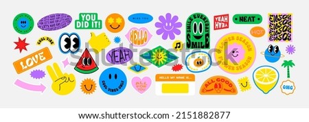 Colorful happy smiling face label shape set. Collection of trendy retro sticker cartoon shapes. Funny comic character art and quote sign patch bundle. Сток-фото © 