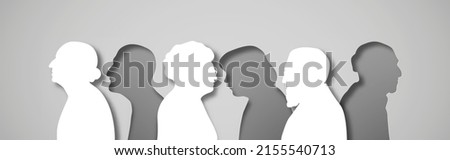 Old age group people crowd illustration in abstract layered paper cut style. Elderly team silhouette for senior citizen issues or retirement concept. Modern 3D papercut design.