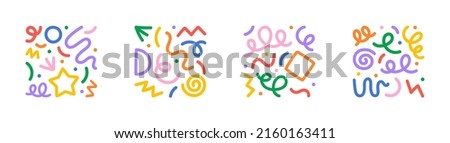 Fun colorful line doodle shape set. Creative minimalist style art symbol collection for children or party celebration with basic shapes. Simple upbeat childish drawing scribble decoration.