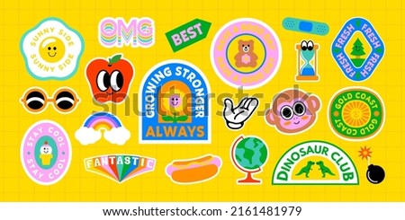 Colorful retro cartoon label shape set. Collection of trendy vintage sticker shapes. Funny comic character art and quote sign patch bundle. Cute children icon, fun happy illustrations.