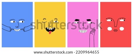 Diverse people face doing funny hand gesture and emotion. Colorful avatar design set, modern flat cartoon character collection in simple doodle art style for psychology concept or social reaction.