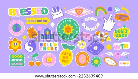 Colorful retro cartoon label shape set. Collection of trendy vintage y2k sticker shapes. Funny soft pastel color quote sign bundle. Cute children icon, fun patch illustrations.