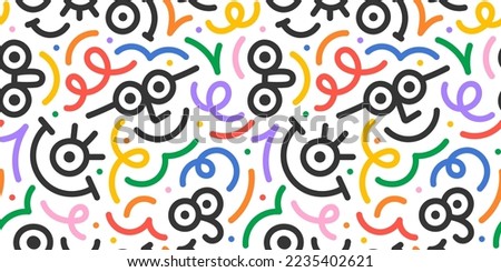 Funny colorful line doodle face seamless pattern. Creative minimalist style art background for children or trendy design with basic shapes. Simple happy childish smile scribble backdrop.