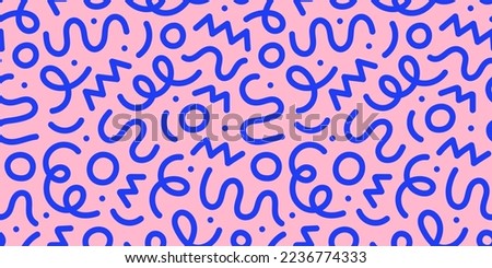 Fun pink line doodle seamless pattern. Creative abstract squiggle style drawing background for children or trendy design with basic shapes. Simple childish scribble wallpaper print.