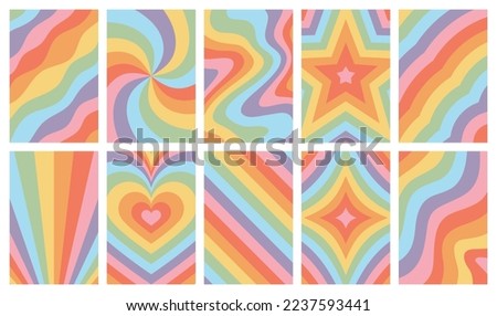 Set of retro psychedelic rainbow background illustration. Vintage 70s style abstract hippie art banner collection with trendy colorful design. Groovy seventies print bundle.