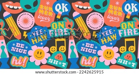 Vintage cartoon sticker label seamless pattern. Retro 90s smiley icon tag background texture. Trendy funny quote sign wallpaper print.