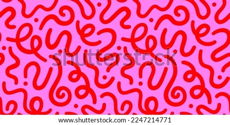 Fun pink line doodle seamless pattern. Creative abstract squiggle style drawing background for children or trendy design with basic shapes. Simple childish color scribble wallpaper print.