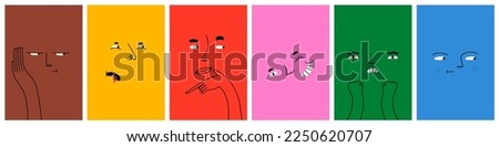 Diverse people face doing funny hand gesture and emotion. Colorful avatar design set, modern flat cartoon character collection in simple doodle art style for psychology concept or social reaction.