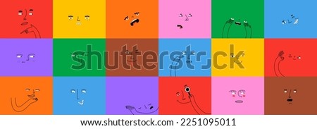 Diverse people face doing funny hand gesture and emotion. Colorful avatar design set, modern flat cartoon character collection in simple doodle art style for psychology concept or social reaction. 