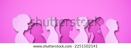 Pink women people group illustration in layered 3D paper cut style. Female team for women's issues or breast cancer awareness concept. Papercut design of diverse girls silhouette standing together.