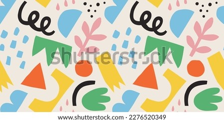 Abstract modern art seamless pattern with colorful freehand doodles. Organic flat cartoon background, simple random shapes in bright childish colors. 