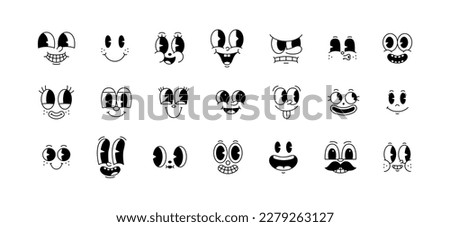 Funny retro cartoon character face drawing set on isolated background. Black and white vintage animation art style bundle. Trendy 50s mascot, facial expression graphic, mascot gesture sticker. Foto stock © 