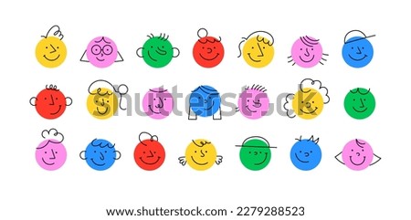 Colorful cartoon character face circle avatar illustration set. Funny people faces, diverse profile icon in trendy cartoon style. Social media reaction sticker, children portrait drawing.