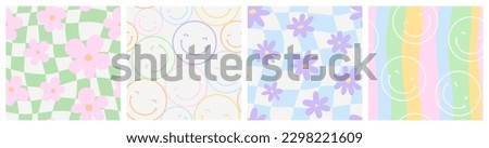 Colorful trendy checker board square seamless pattern collection. Set of geometric pastel square flower background in vintage psychedelic y2k style. Includes floral and happy face prints.