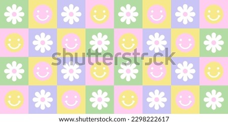 Colorful retro floral seamless pattern illustration with happy faces. Vintage pastel color flower background in psychedelic y2k style. 